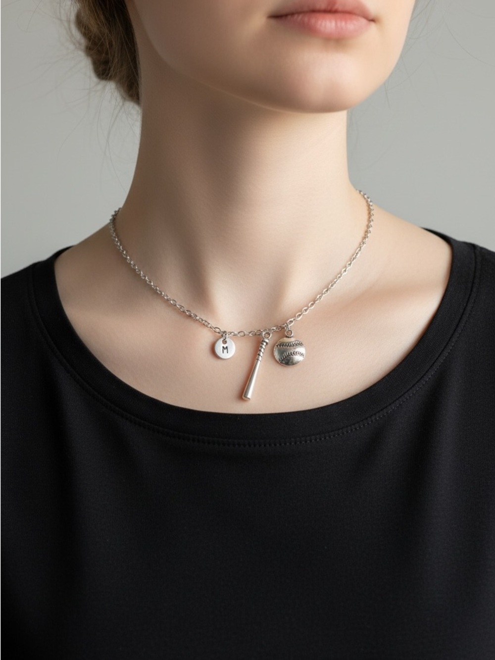10/11 Personalized Silver Baseball Charm Necklace - Initial 'M'